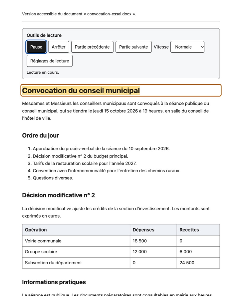 Page web d'une convocation du conseil municipal produite par Claren Documents. En haut, les outils de lecture : Pause, Arrêter, Partie précédente, Partie suivante, Vitesse et Réglages de lecture. Le titre en cours de lecture est surligné en jaune ; dessous, l'ordre du jour et un tableau des crédits.