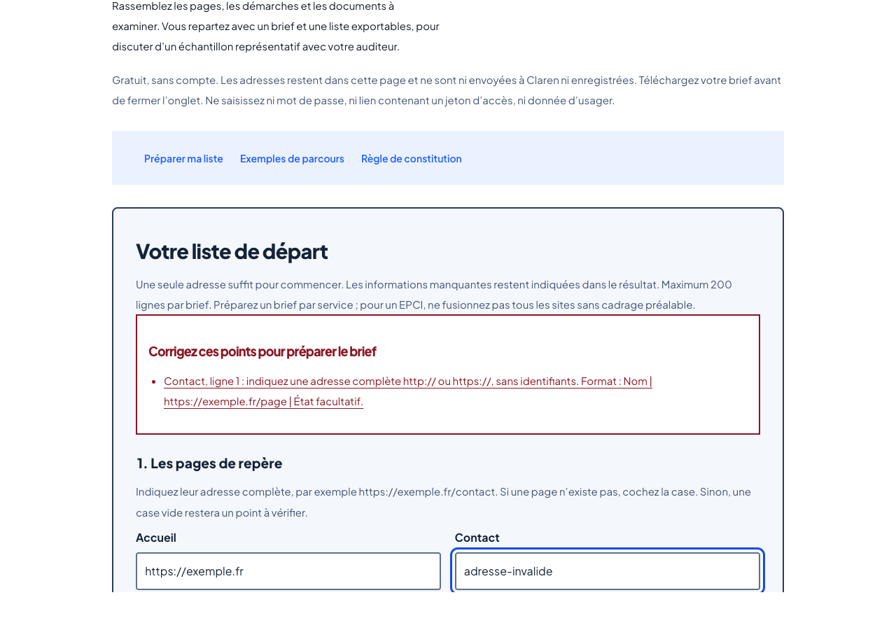 Le champ Contact reçoit le focus ; l’adresse invalide est signalée sous le champ.